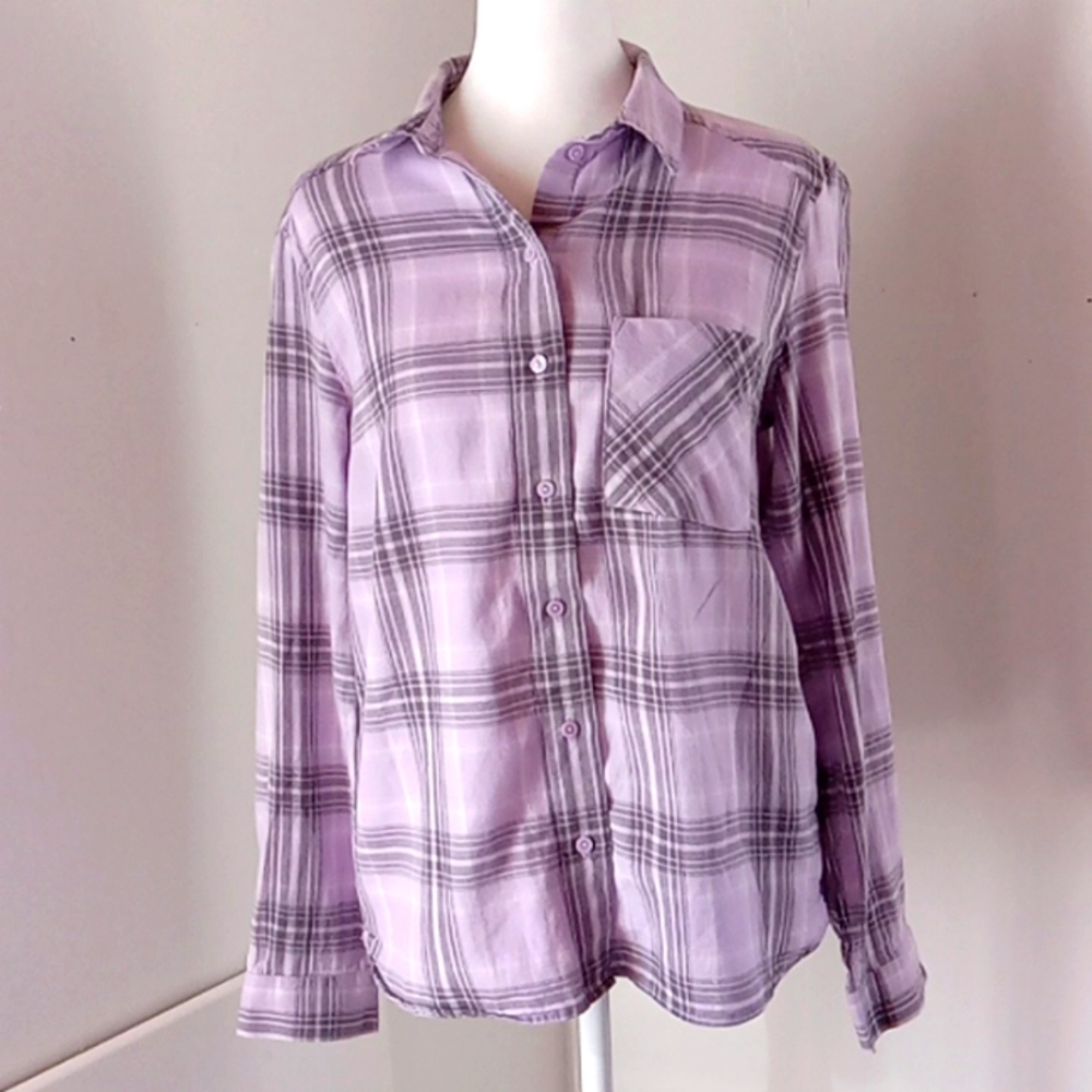 H&M Divided Women's Plaid Botton Down Shirt Long-sleeve Size XS Purple Gray